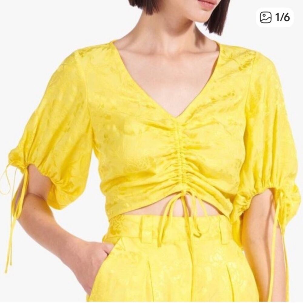 STAUD Bloom top buttercup yellow floral jacquard satin womens M